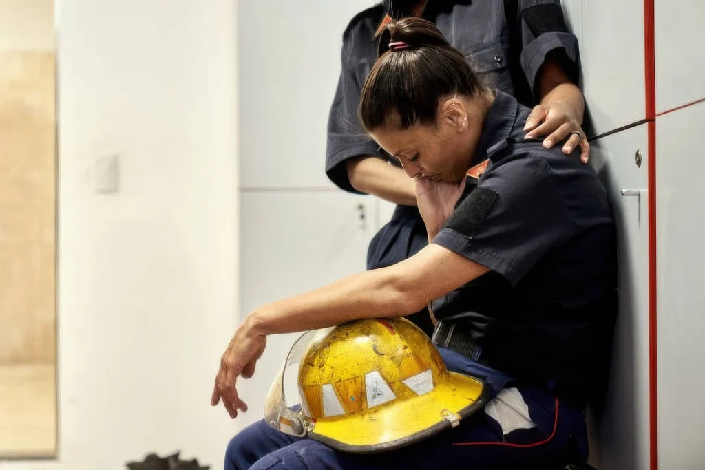 female firefighter first responder with stress